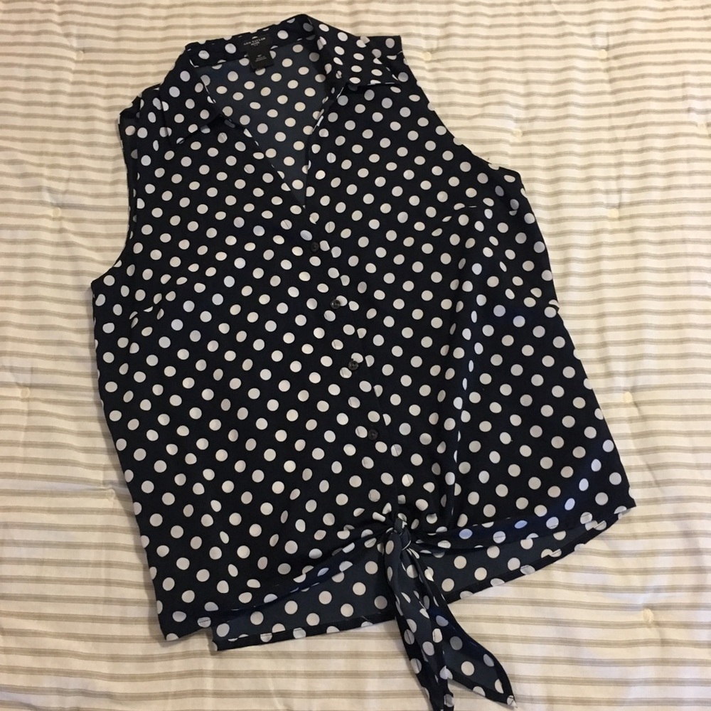 Ann Taylor • polka dot navy tie shirt